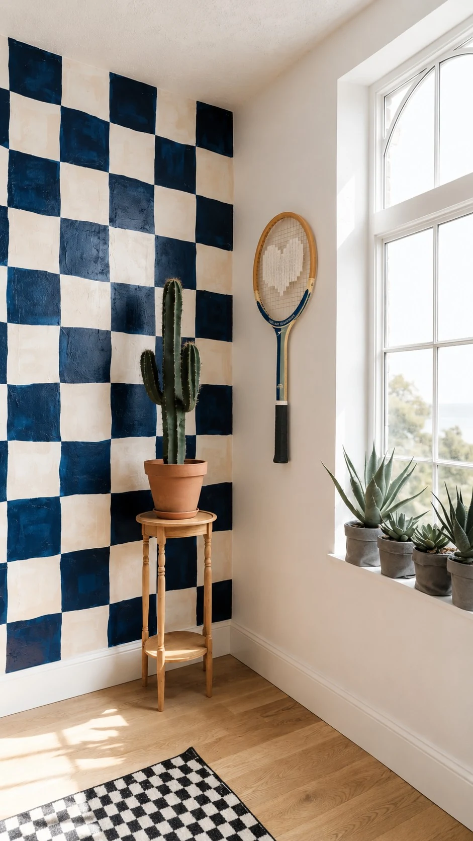 Raquette vintage accrochée près d’une fenêtre, d’un mur à carreaux bleus et blancs et de cactus